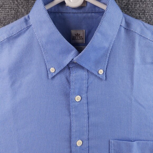 Peter Millar Check Button-Down Cotton Nanoluxe Medium Blue Long Sleeve Mens - Picture 2 of 16